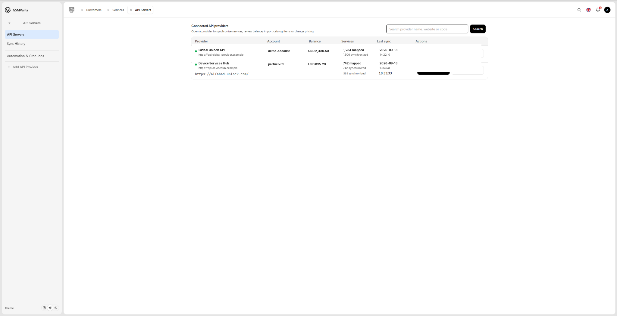 GSMVanta api providers