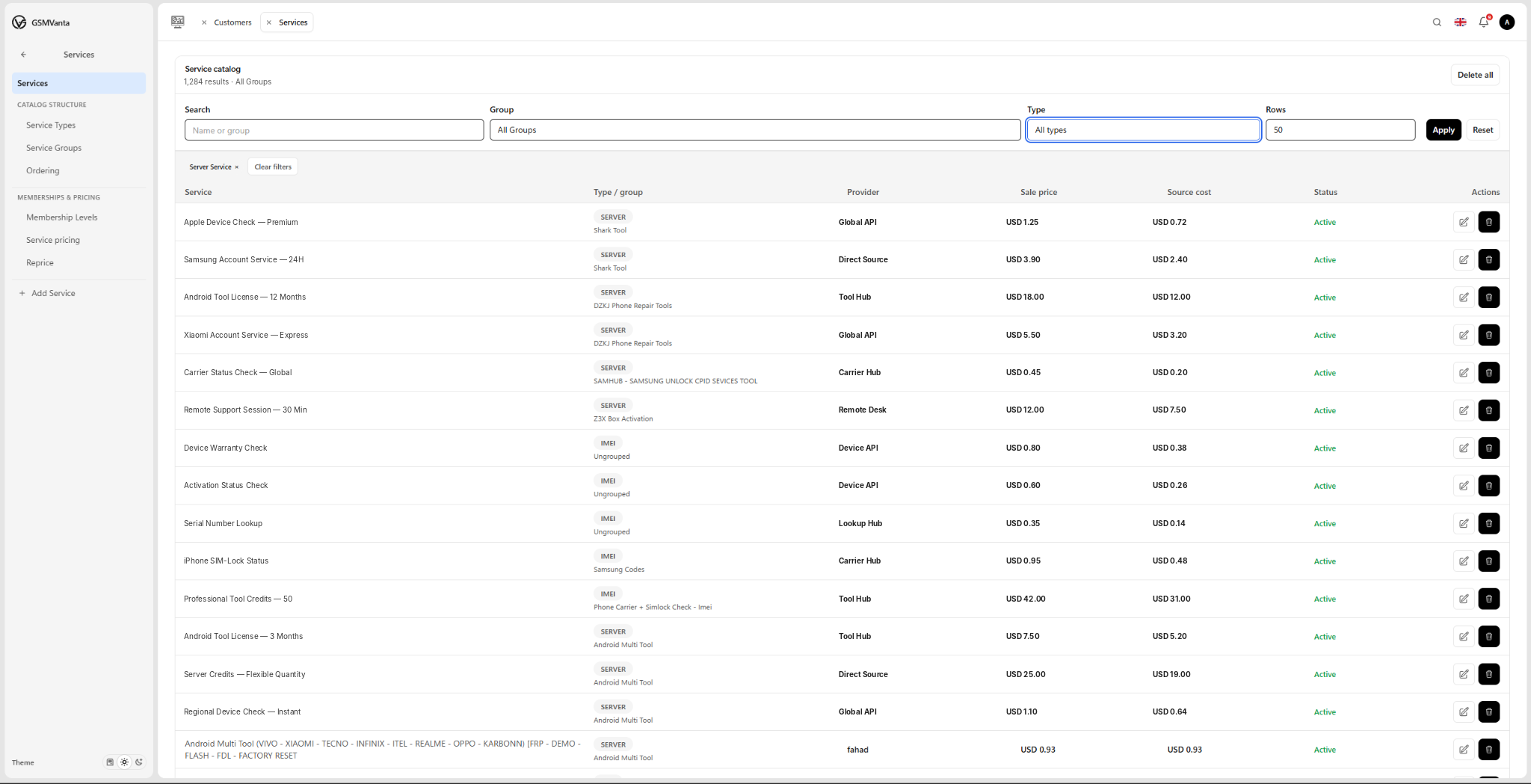 GSMVanta service catalog